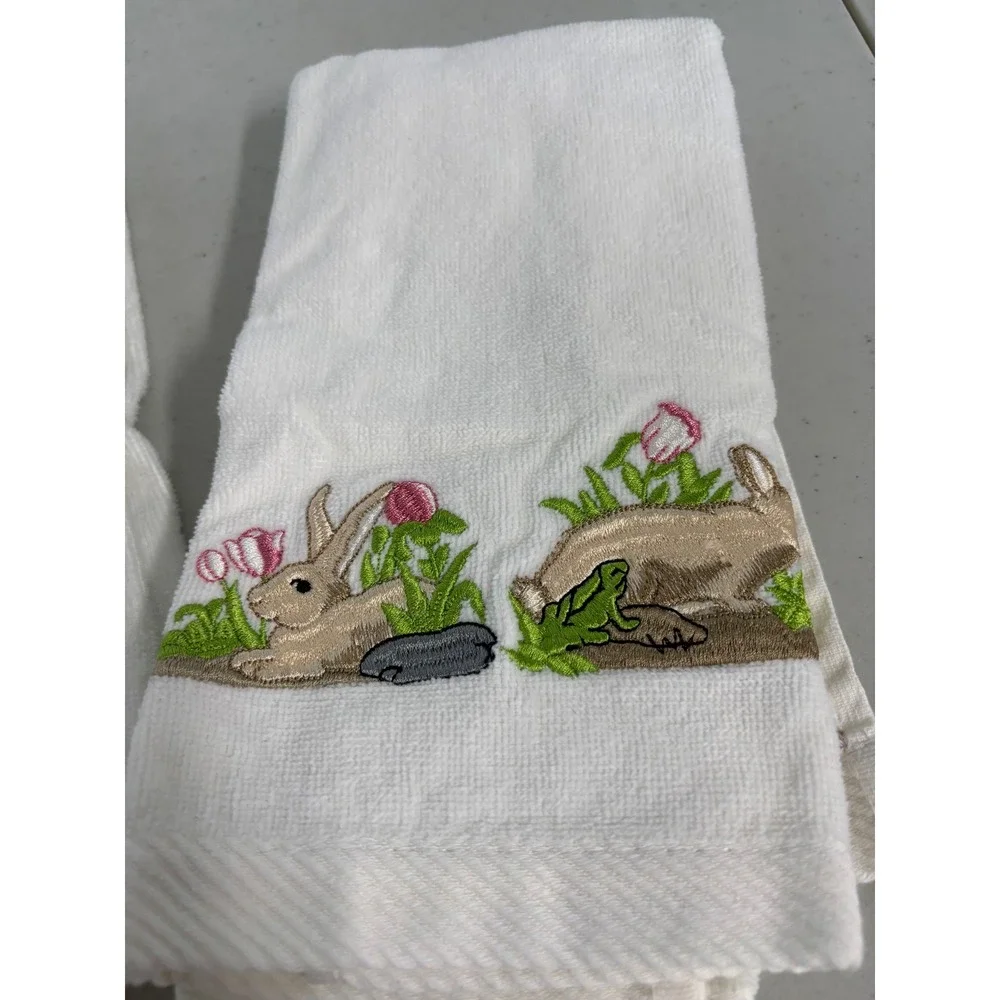 Vintage Style Easter Spring Embroidered Hand‎ Towels Set of 3 White Bunny Chick